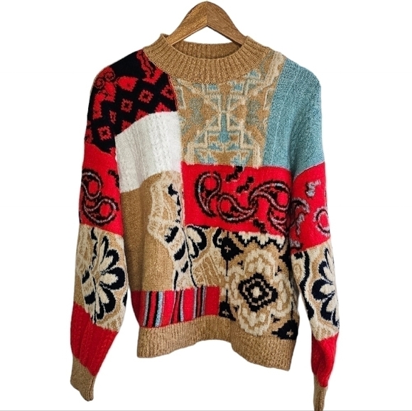 Anthro Rachael Sweater Patchwork knit crew multicolor bohemian sweater - Picture 1 of 12